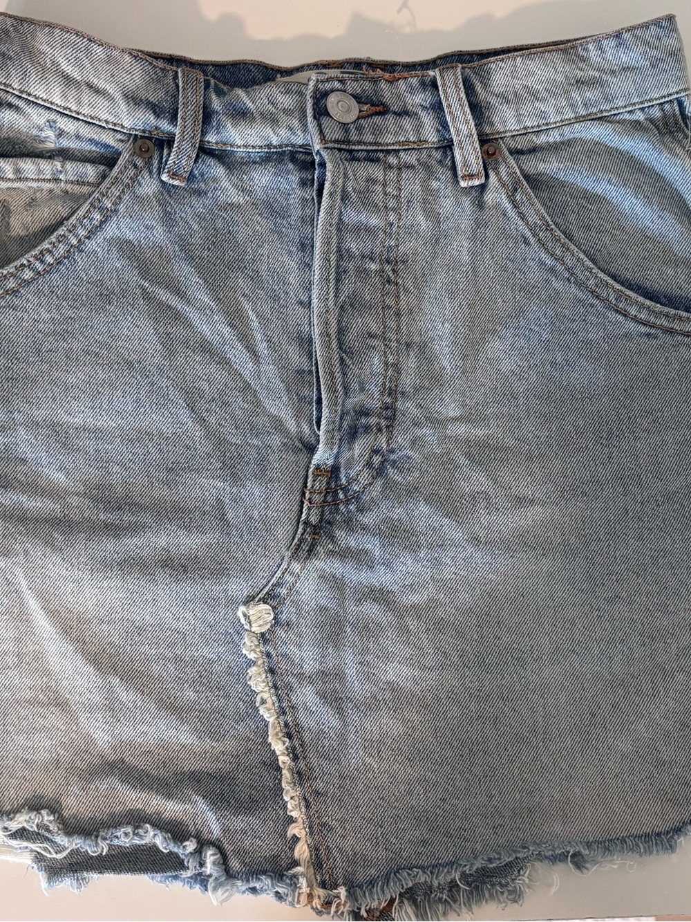 We The Free Light Blue Distressed Denim Midi Skirt